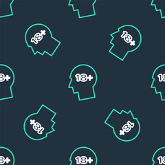 Line Human head with inscription 18 plus icon isolated seamless pattern on black background. 18 plus content sign. Adults content only icon. Vector