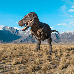 tyrannosaurus rex is alone in plains and mountains