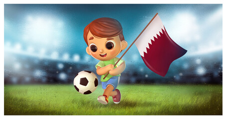 Soccer boy with Qatar flag in a soccer stadium © childrendrawings