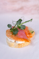 bruschetta with shrimp and cheese cream close-up