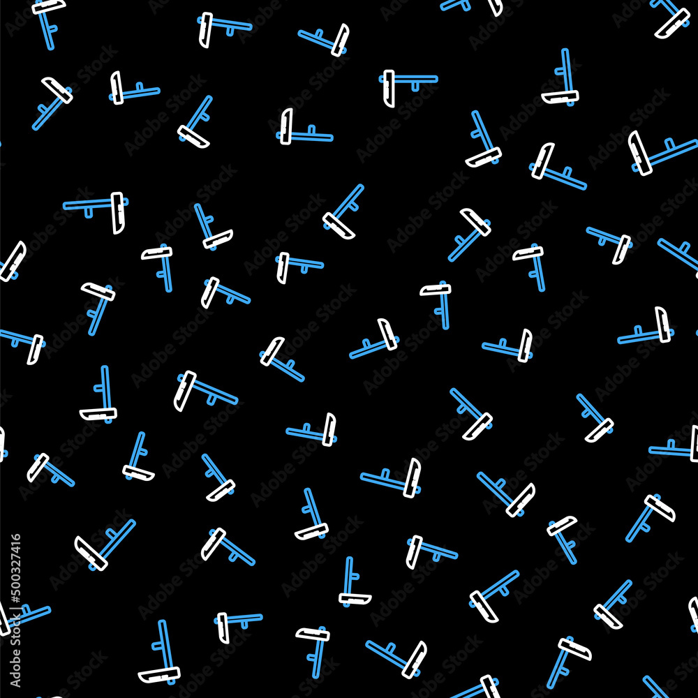 Poster line scythe icon isolated seamless pattern on black background. vector