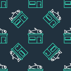 Line Seafood store icon isolated seamless pattern on black background. Facade of seafood market. Vector