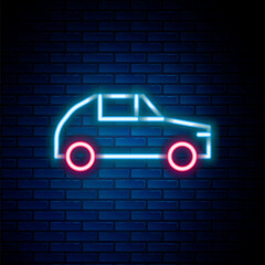 Glowing neon line Car icon isolated on brick wall background. Colorful outline concept. Vector
