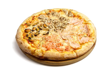 Seafood Pizza with mussels and shrimps on wooden cutting board isolated on white