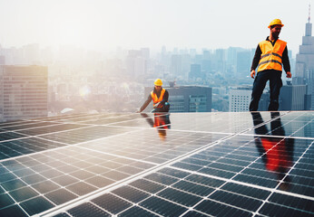 Workers assemble energy system with solar panel for electricity - obrazy, fototapety, plakaty