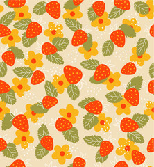 Strawberry and flower seamless pattern on yellow background. Summer fruit background for branding, package, fabric and textile, wrapping paper