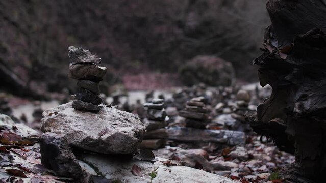 cairns of stones by the river