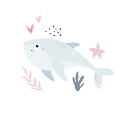 Hand drawn childish illustration with blue whale and sea shapes in soft colors for nursery, cloth prints, decorations