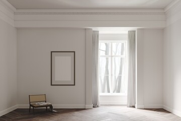 3d render interior of a minimalistic white empty room with a chair and an empty frame on the wall, wooden parquet, mockup frames