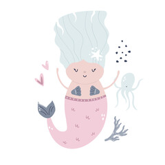 Obraz na płótnie Canvas Hand drawn childish illustration with pretty mermaid and octopus in soft colors for nursery, cloth prints, decorations