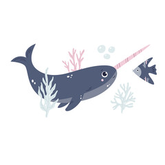 Hand drawn childish illustration with funny narwhale and fish in soft colors for nursery, cloth prints, decorations © danceyourlife