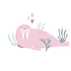 Hand drawn childish illustration with funny walrus in soft colors for nursery, cloth prints, decorations
