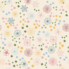 Seamless decorative colorful pattern with cute flower. Print for textile, wallpaper, covers, surface. For fashion fabric. Retro stylization.