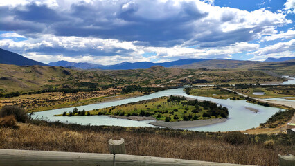 Serrano river and nature landscape of Torres del Paine National Park on a cloudy day, Patagonia,...