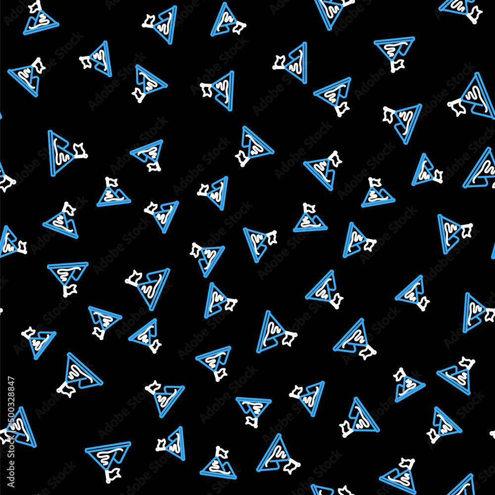 Poster line mountains with flag on top icon isolated seamless pattern on black background. symbol of victor