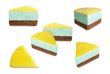Mango glaze lime mousse cake on a white isolated background