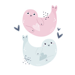 Hand drawn childish illustration with adorable seals in soft colors for nursery, cloth prints, decorations