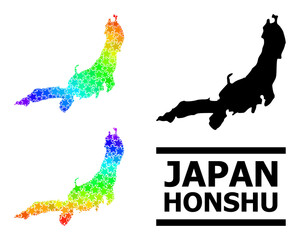 Rainbow gradient star collage map of Honshu Island. Vector colored map of Honshu Island with spectral gradients. Mosaic map of Honshu Island collage is done of randomized colored star elements.