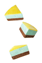 Mango glaze lime mousse cake on a white isolated background