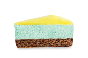 Mango glaze lime mousse cake on a white isolated background