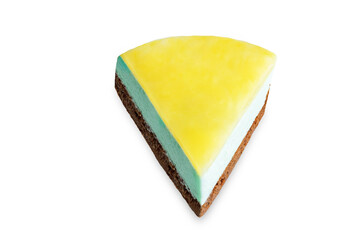 Mango glaze lime mousse cake on a white isolated background