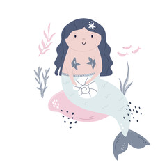 Hand drawn childish illustration with pretty mermaid in soft colors for nursery, cloth prints, decorations