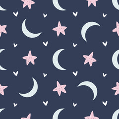 Obraz na płótnie Canvas Seamless childish pattern with moons and stars for nursery, baby shower, textile