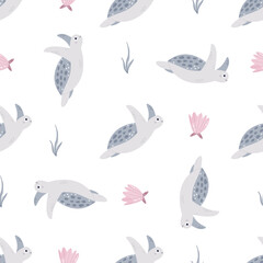 Seamless childish pattern with cute turtles and shells for nursery, baby shower, textile