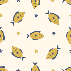 Seamless childish pattern with cute fishes for nursery, baby shower, textile