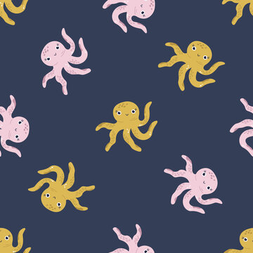 Seamless childish pattern with funny octopuses for nursery, baby shower, textile