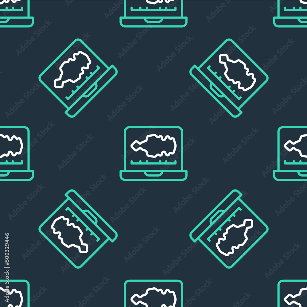 Poster line sound or audio recorder or editor software on laptop icon isolated seamless pattern on black ba