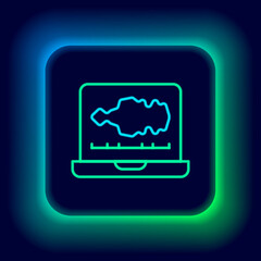 Glowing neon line Sound or audio recorder or editor software on laptop icon isolated on black background. Colorful outline concept. Vector