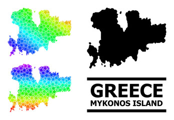 Spectral gradiented star mosaic map of Mykonos Island. Vector colorful map of Mykonos Island with spectral gradients. Mosaic map of Mykonos Island collage is formed of randomized colorful star items. - obrazy, fototapety, plakaty