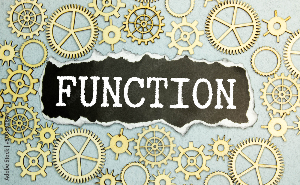 Poster text on gray word function in small wooden letters with black font on a blue background