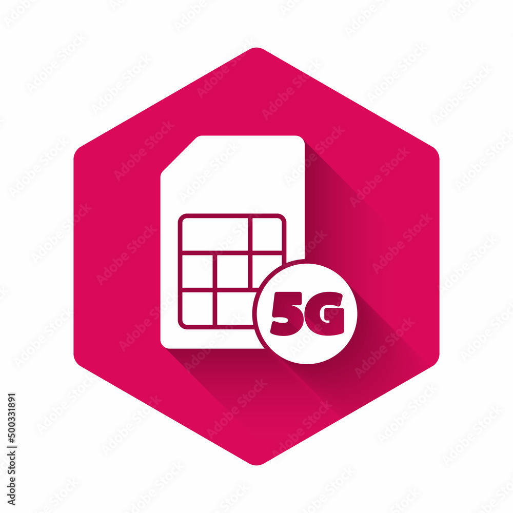Poster white 5g sim card icon isolated with long shadow. mobile and wireless communication technologies. ne