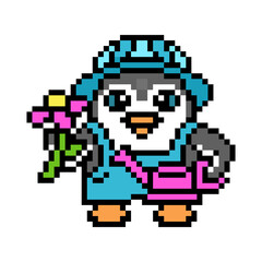 Happy gardener penguin with a flower and a watering can, cute pixel art animal character isolated on white background. Old school retro 80s, 90s 8 bit slot machine, computer, video game graphics.