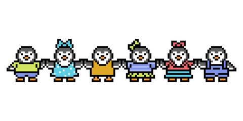 Line of penguin kids holding hands, cute pixel art animal characters isolated on white background.Old school 80s, 90s 8 bit slot machine, video game graphics. Symbol of friendship, unity, togetherness