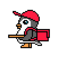 Food delivery man penguin with a pizza box and thermal bag, pixel art animal character isolated on white background. Old school retro 80s, 90s 8 bit slot machine, video game graphics. Courier service.