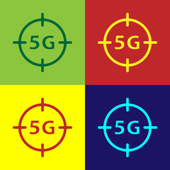Pop art 5G new wireless internet wifi connection icon isolated on color background. Global network high speed connection data rate technology. Vector