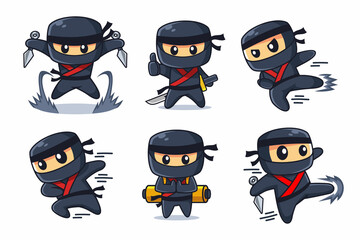Ninja Cartoon Character in Various Poses Set