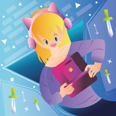 Happy retro girl cartoon playing on a mobile console Videogame Vector