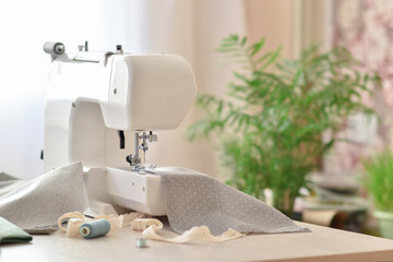 The gray fabric lies on the sewing machine. Portonovo 's work.