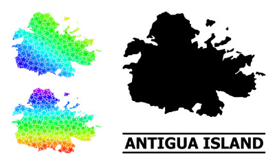 Spectral gradient star collage map of Antigua Island. Vector colored map of Antigua Island with spectral gradients. Mosaic map of Antigua Island collage is organized with randomized color star items.