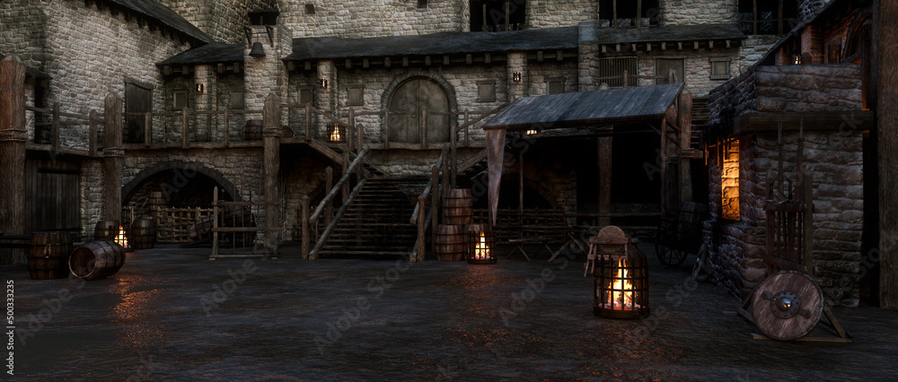 Poster dark wet muddy medieval castle courtyard in the evening lit by fire light. 3d rendering.