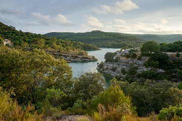 View of the banks of Lac d'Esparron at Sunset in the Verdon region of Provence in the south of...