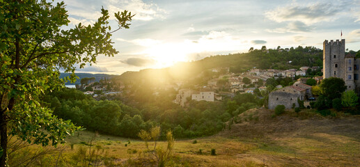 Panoramic View of the castle and Medieval Village of Esparron du Verdon in Provence in the south of France at sunset