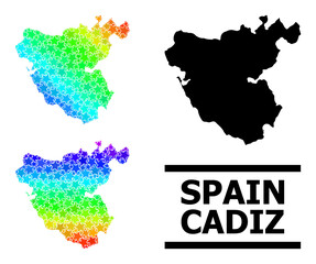 Spectrum gradient starred mosaic map of Cadiz Province. Vector colorful map of Cadiz Province with spectrum gradients.