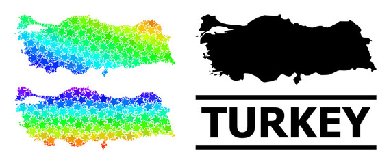Spectral gradiented star mosaic map of Turkey. Vector colorful map of Turkey with spectral gradients. Mosaic map of Turkey collage is designed from scattered colorful star elements.