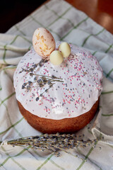 Easter cakes beautifully festive decoration with painted eggs lavender sequins flowers dried roses