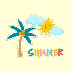 Vector summer cards with phrases. Beautiful posters, stickers for kids' t-shirts, rooms, or bedrooms. Beautiful backgrounds with summer fruits, ice cream, trees, and sun. Hand-drawn letters.